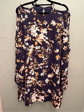 Floral Cold-Shoulder Navy Dress with White and Mustard Print